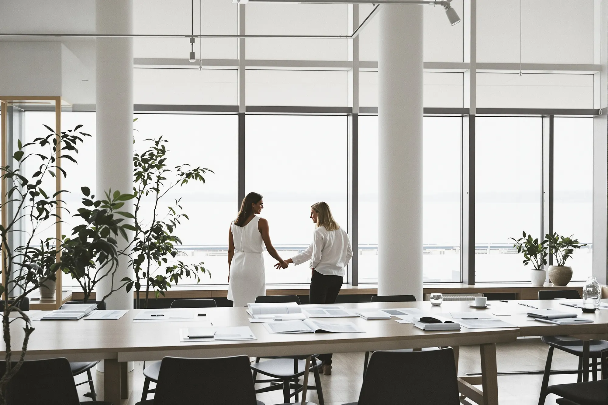 Two people talking in a bright open-plan office with tall windows