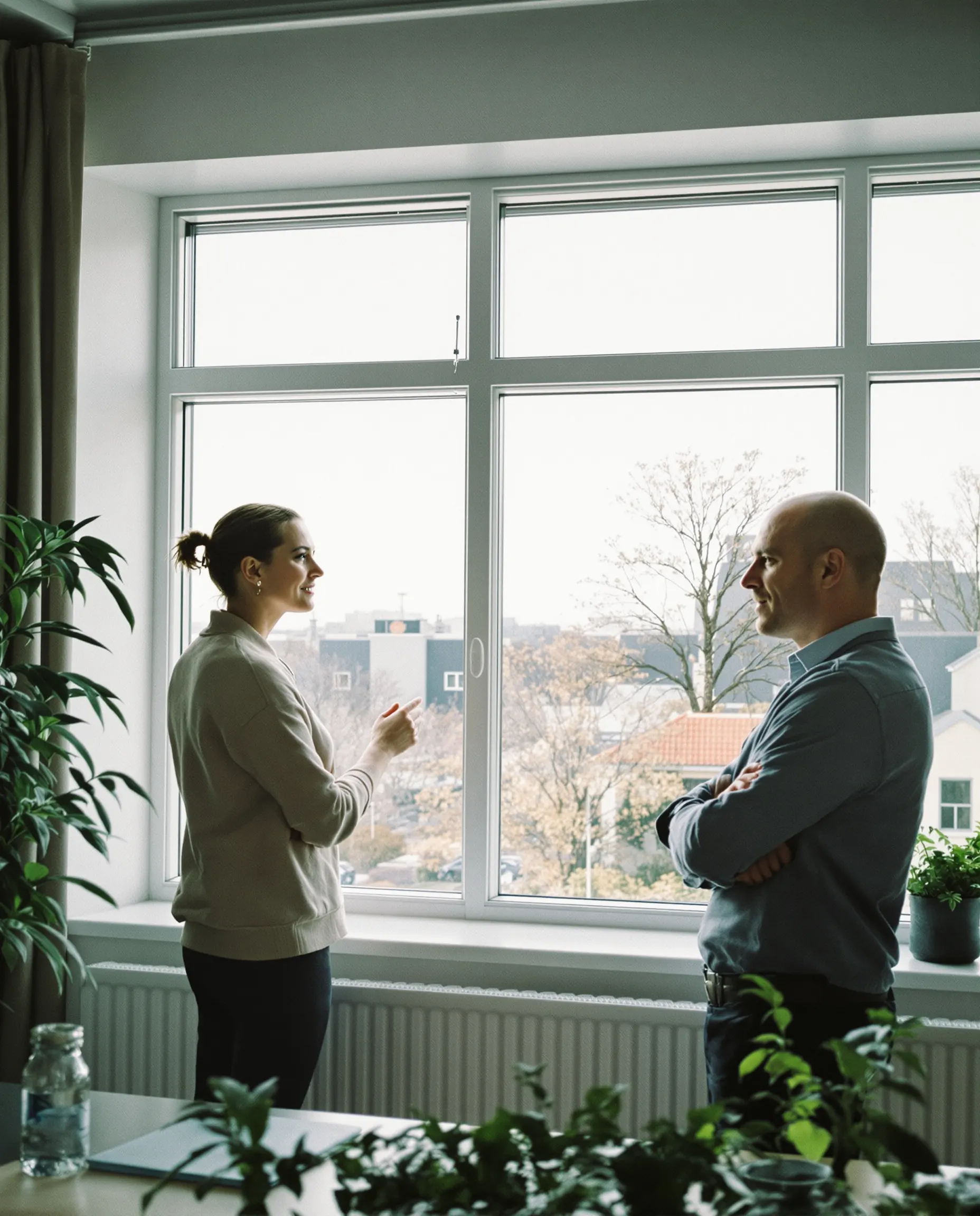 Two people in conversation by a tall window in a bright office